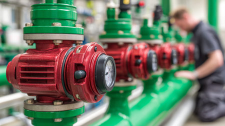 Vibrant red valve handles and monitoring instruments adorn lush green piping, with a technician...