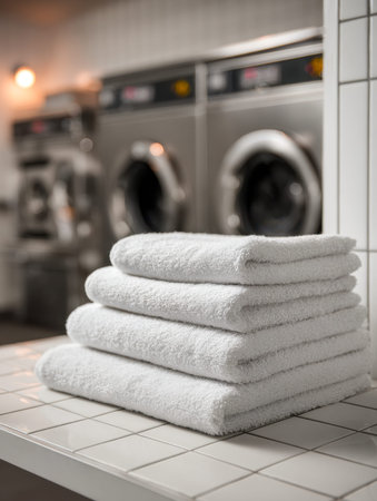 Crisp white linens are carefully layered on a tiled countertop, with large industrial washers softly...