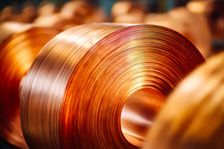Gleaming copper spirals intertwine within a bustling factory, reflecting ambient light and hinting at the precision craftsmanship behind electrical component production.の写真素材