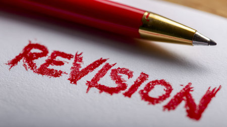 A vibrant red ink stroke boldly marks the word revision on a blank sheet, with a matching ballpoint...