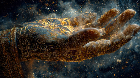 An ethereal hand emerges from a shimmering galaxy, adorned with luminous geometric designs that...