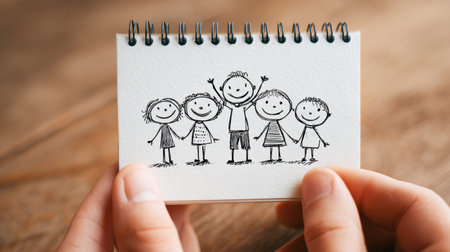 Two hands cradle a tiny notebook featuring a cheerful sketch of five kids united, set against a rustic wooden backdrop, evoking warmth and childhood joy.の写真素材