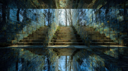 A tranquil garden features a gentle ascent along a staircase encased in shimmering mosaic walls,...