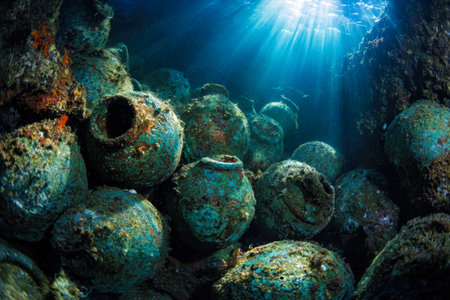 Warm sunlight filters through crystal-clear water, revealing centuries-old pottery fragments...