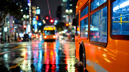 A vivid orange bus navigates a wet city street under evening rain, with vibrant reflections dancing...