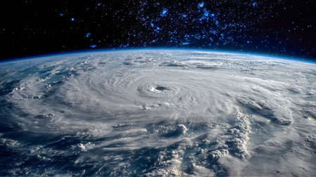 A cosmic vantage captures Earth's fiercest storm swirling amidst a glittering night sky, blending...