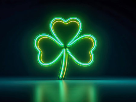 A vivid neon green three-leaf clover radiates brilliance in a moody setting, its glow casting...