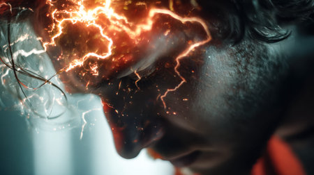 A pensive face illuminated by volatile lightning, capturing the raw chaos of nature reflecting deep emotional conflict amid a turbulent sky.の写真素材