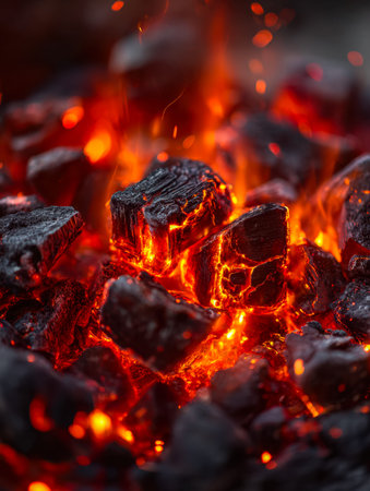 A vivid display of molten coals illuminates the darkness, casting warm, flickering light that evokes...