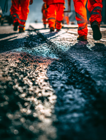 A team of workers expertly compacts new blacktop under bright sunlight, bringing vitality and...