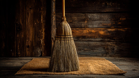 A sturdy wooden handle broom leans gently atop a textured woven mat, nestled within a warm, inviting...