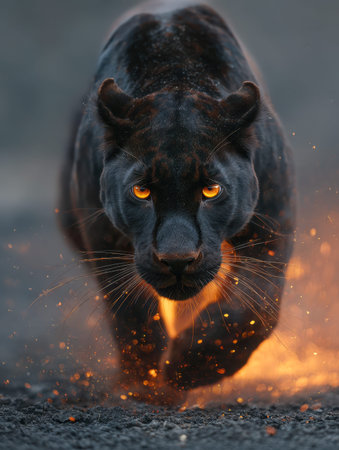 A fierce black feline with luminous eyes stalks across a shadowy terrain, illuminated by flickering...