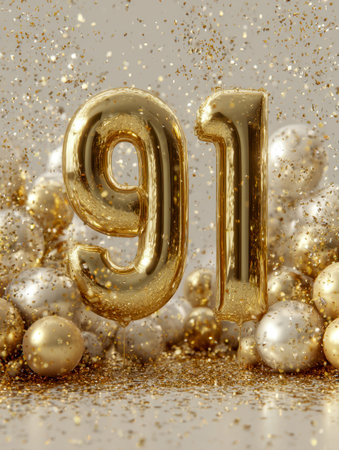 Bright golden numerals shine prominently, surrounded by sparkling white and gold spheres and...
