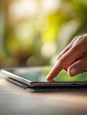 A hand gently taps a sleek screen, set against warm wood, with a sunlit outdoor scene softly blurred...