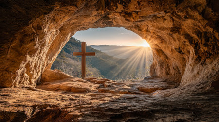 Gentle dawn light baths a rugged cave interior, revealing a handcrafted cross amidst warm earthy...