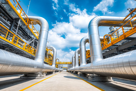 Towering steel conduits interconnected through sturdy walkways glisten under a clear azure sky,...