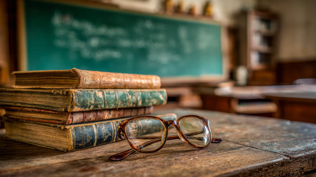 An aged wooden desk holds an open antique volume alongside a pair of classic reading glasses,...