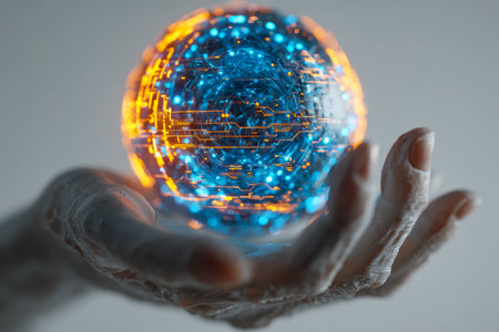 A luminous, holographic globe nestled in an open palm, symbolizing cutting-edge innovation and the...
