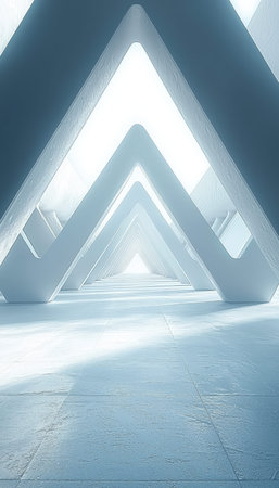 A sleek, cutting-edge hallway featuring glowing triangular structures that create a dynamic,...