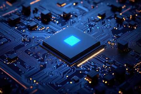 A detailed view of a high-tech circuit board featuring a luminous blue processor and complex...