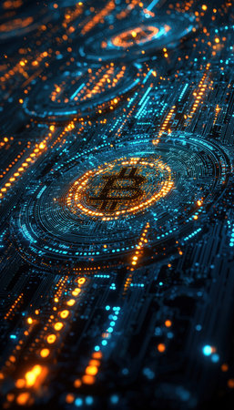 A high-tech Bitcoin icon illuminated by neon blue and orange lights, embedded in a complex circuit...