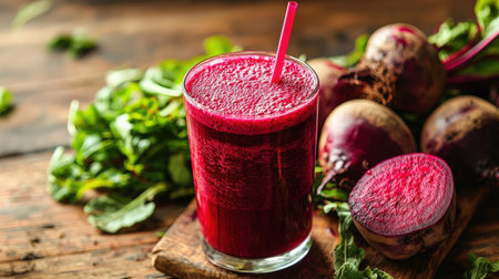 Vibrant ruby-red juice with leafy greens, artfully arranged on weathered wood, evoking health,...