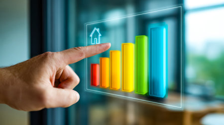 A vibrant digital interface showing dynamic growth metrics through colorful vertical bars, topped with a home icon marker symbolizing progress toward goal achievement.の写真素材