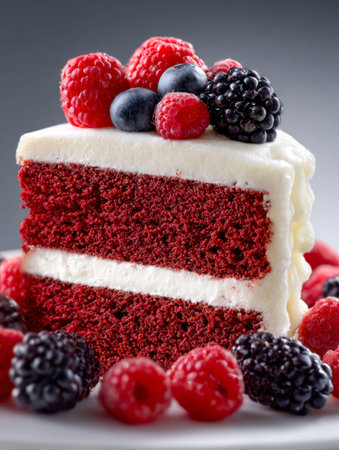 A tempting slice of rich, crimson velvet cake layered with smooth frosting and crowned with an...