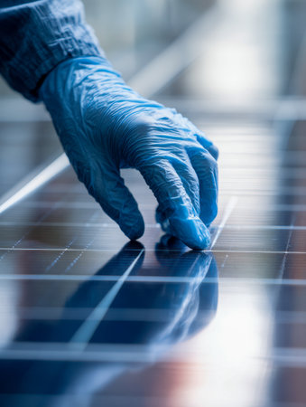 A detailed shot of a technician?s hand in protective glove carefully examining and wiping a glaming...