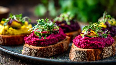 Vibrant slices of beetroot and creamy avocado arranged atop crisp toast, topped with fresh...