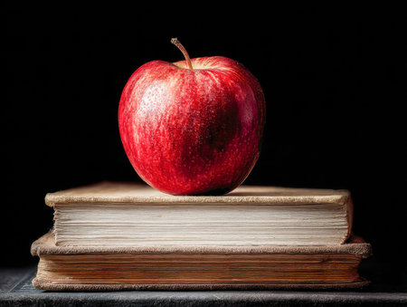 A vivid crimson apple sits atop antique books, evoking tradition and wisdom, with a moody dark...