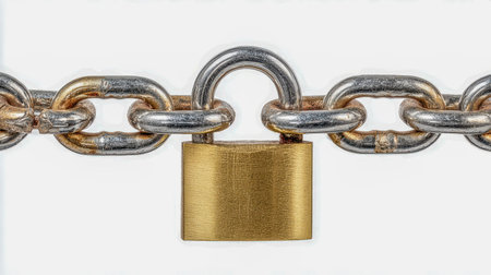 An aged metal link ensemble firmly fastened by a robust gold lock, set against a stark white...