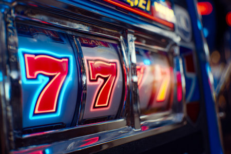 Bright neon sevens flicker rhythmically on a nostalgic slot machine, casting vibrant glows that...
