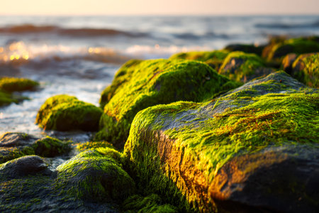 Gentle hues of twilight reflect off calm waters as lush, green moss cloaks ancient stones dotting a...