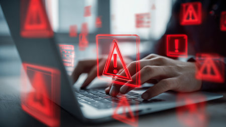 A close-up of a keyboard illuminated by digital warning icons and bold exclamation points, conveying urgent online security threats and potential system risks.のeditorial素材