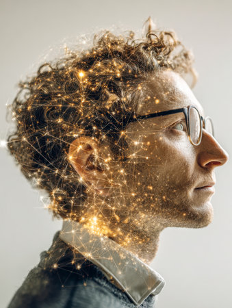 A modern man in contemplative pose wears sleek glasses, with luminous data nodes forming a web of ideas around his head, symbolizing cutting-edge intelligence and digital innovationのeditorial素材