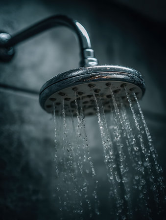 A sleek, contemporary fixture sprays a gentle cascade of water in a softly illuminated bathroom, creating a serene and minimalist bathing ambiance.の写真素材