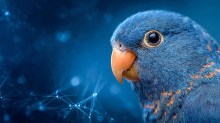 A striking bird with iridescent aqua and fiery amber plumage rests against a dynamic, tech-inspired...