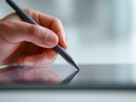 A person engaged in artistic creation or detailed note compilation, delicately guiding a stylus...