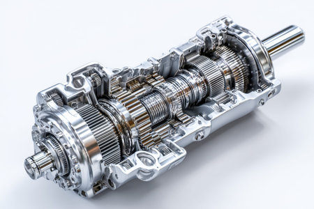 Close-up of a sleek, high-precision mechanical assembly showing intricate gears and metal surfaces, highlighting innovation in vehicle drivetrain technology.の写真素材