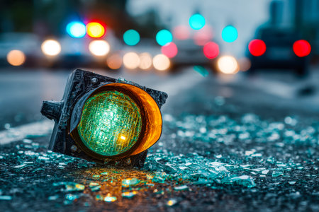 A damaged traffic signal hangs askew over a slick, rain-soaked street, shadows cast by nearby...