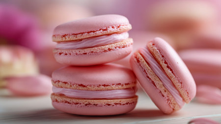 A trio of soft pink macarons with lush filling rests gently on a white backdrop, set against a pastel-hued blur under gentle natural illumination.の写真素材