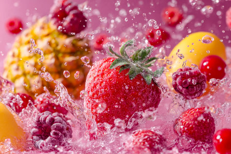 Juicy, ripe berries cascade and burst into clear water, creating a lively splash that highlights...