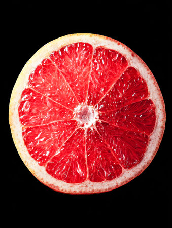 A detailed cut reveals juicy, ruby-red segments of an energetic citrus, set against a stark dark...