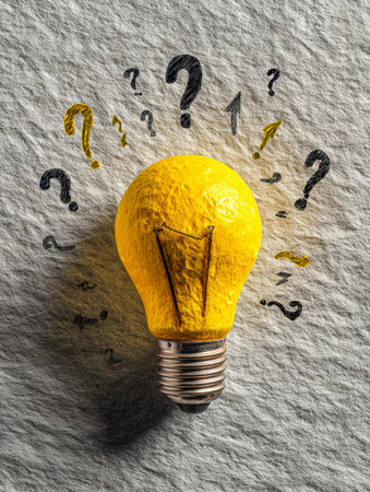 An illuminated filament bulb surrounded by glowing question marks sparks inspiration, evoking...