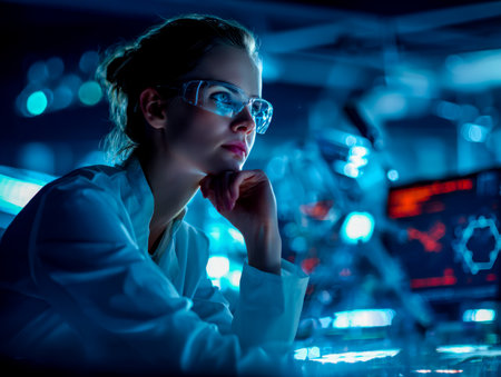A female researcher examines complex digital displays amid sleek, high-tech equipment, embodying innovation and advanced scientific discovery.のeditorial素材