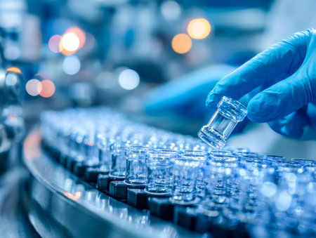 A technician carefully manages colorful samples in glass containers amidst sleek machinery, ensuring...