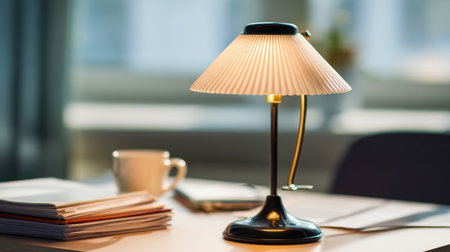 A sophisticated lamp casts a warm glow over a cozy study area, highlighting scattered novels and a...