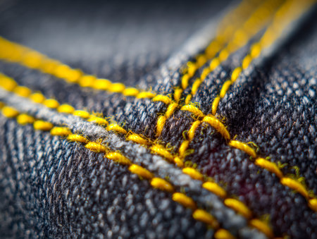 A detailed view of textured denim material highlighting vibrant yellow and subtle gray thread...