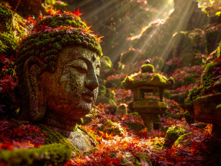 A peaceful stone Buddha sculpture blanketed in lush moss, set against fiery fall leaves, illuminated...